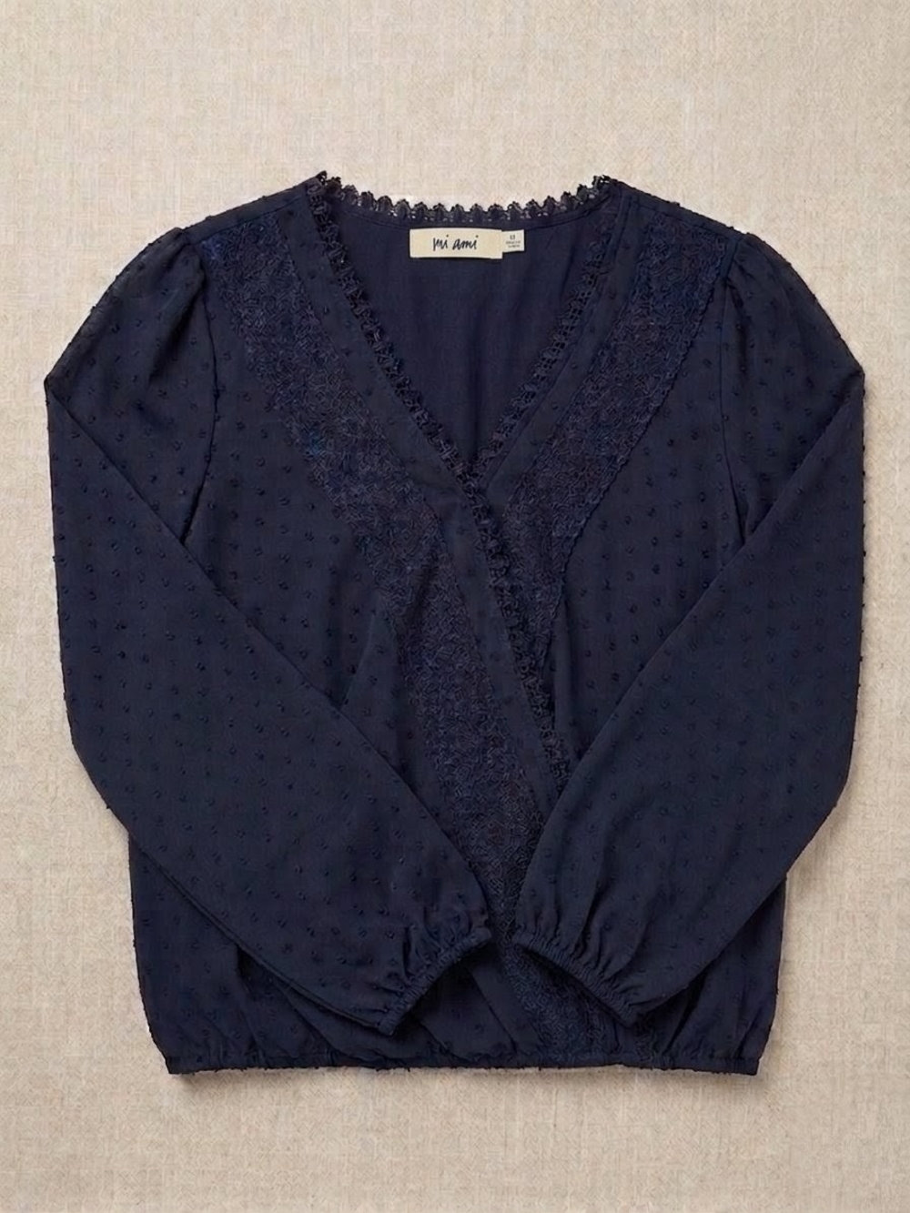 miami Navy V-Neck Lace Trim Swiss Dot Blouse